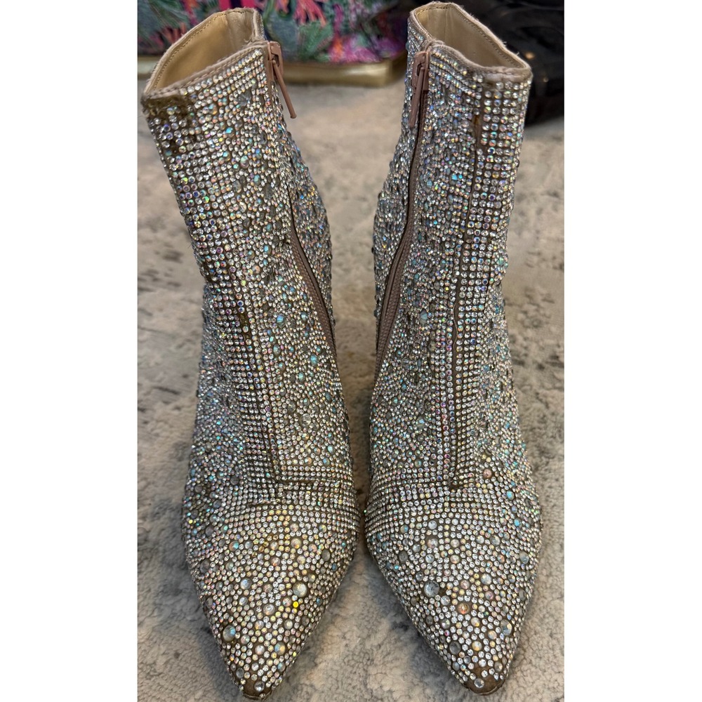 Betsey Johnson SB-Cady Rhinestone Ankle Boots Iridescent Crystal Block Heel 6M